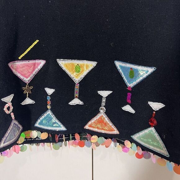 DESIGN OPTIONS Cardigan Sweater Martini Glass 3D Beaded Multicolor Bling Knit - Picture 6 of 8